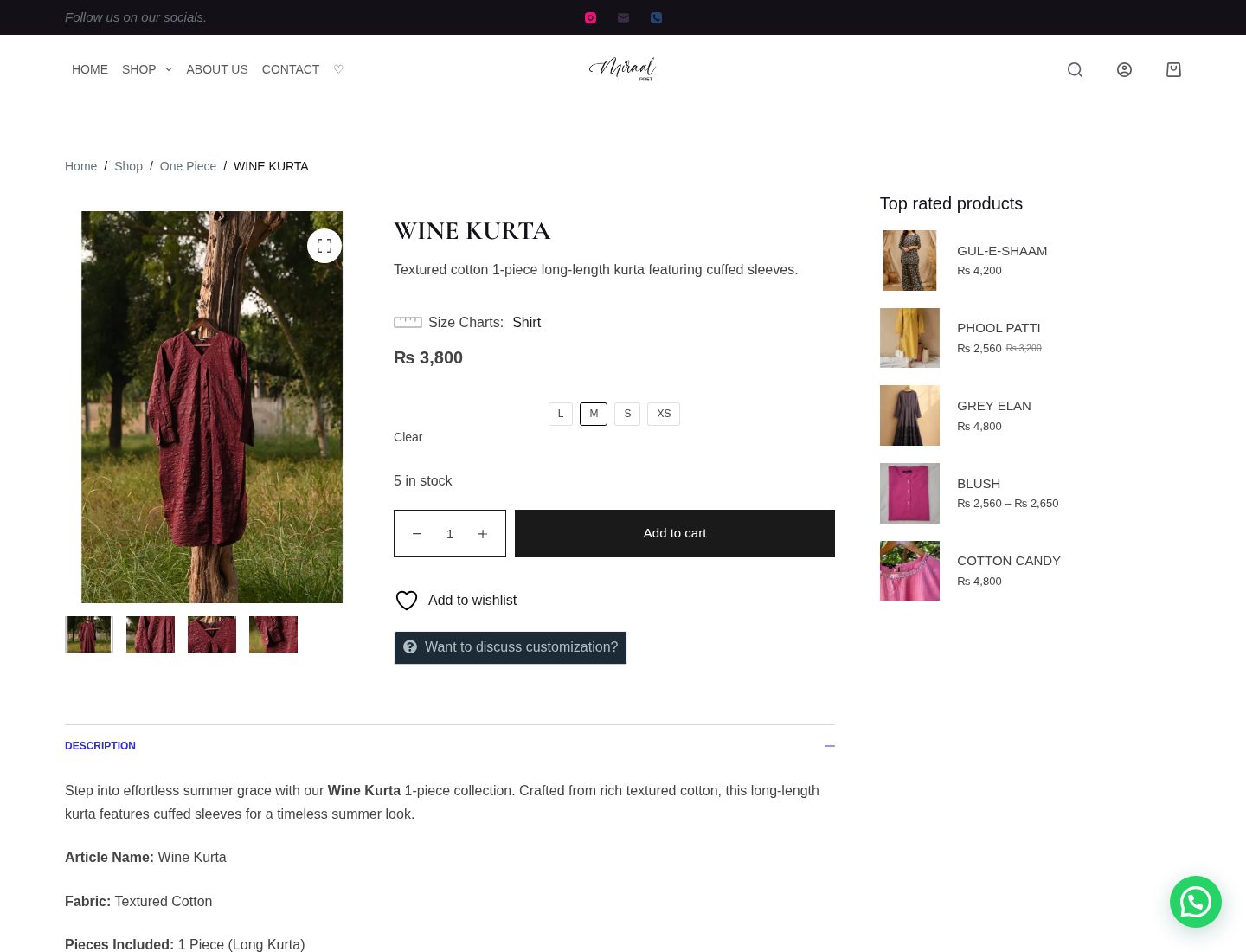 Miraal Pret live product detail page showing size variations